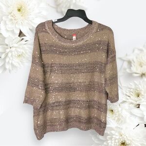 Twenty4 Brown/ Purple Metallic Stripes Sequins Sweater 3/4 Sleeves UK 14, US 10